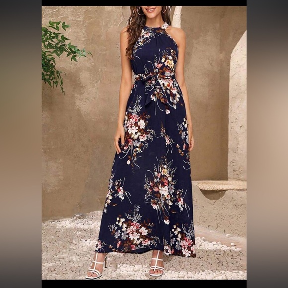 Shein Floral Print Tie Back Belted Maxi Dress Navy Blue women’s size small - Picture 2 of 15